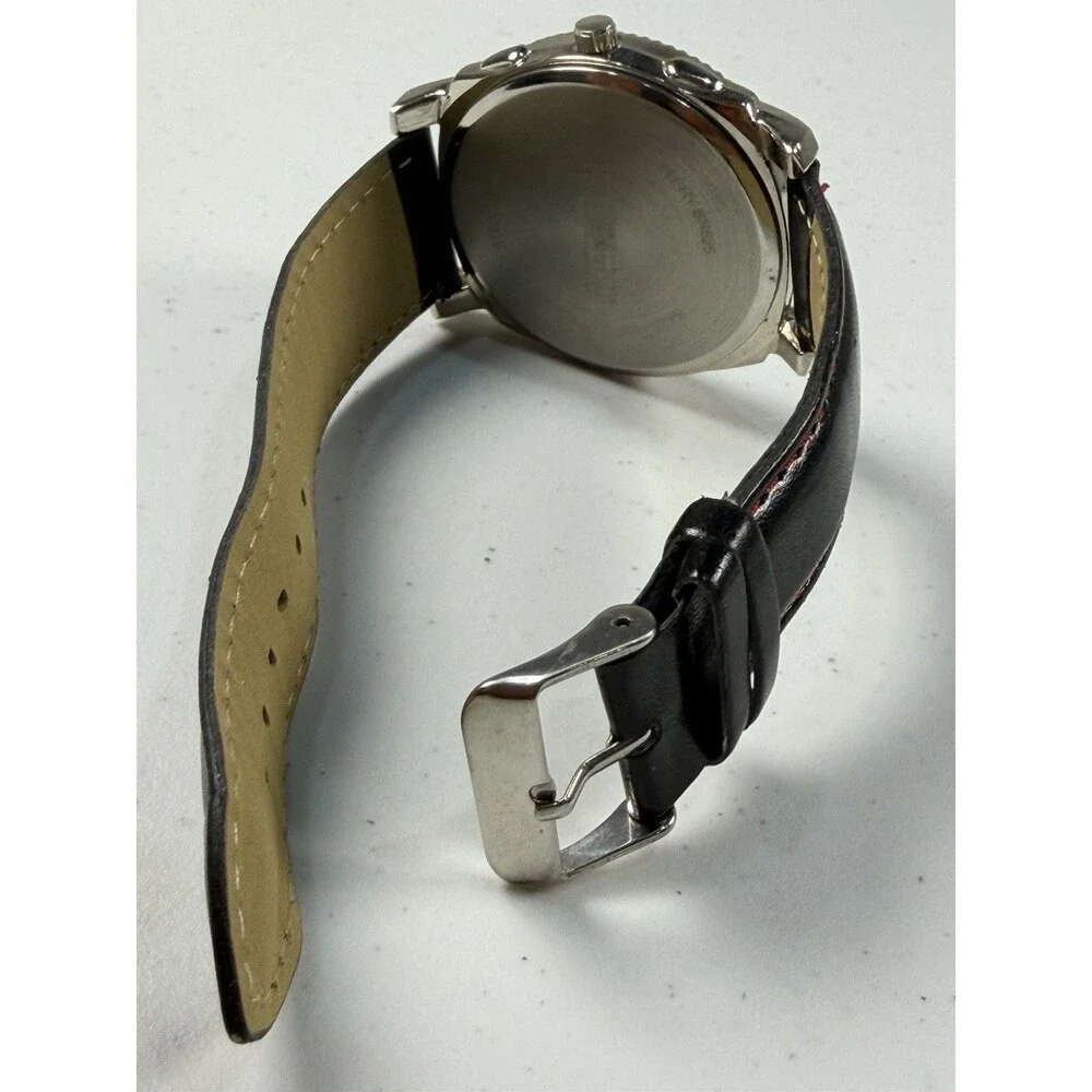 Ensemble Quartz Men’s Watch Black Dial Silver Tone 42.7mm Leather Strap Runs